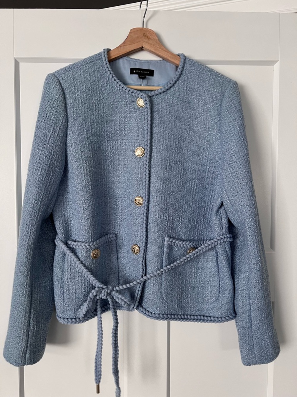 Ann Taylor Light Blue Tweed Braided-Trim Jacket